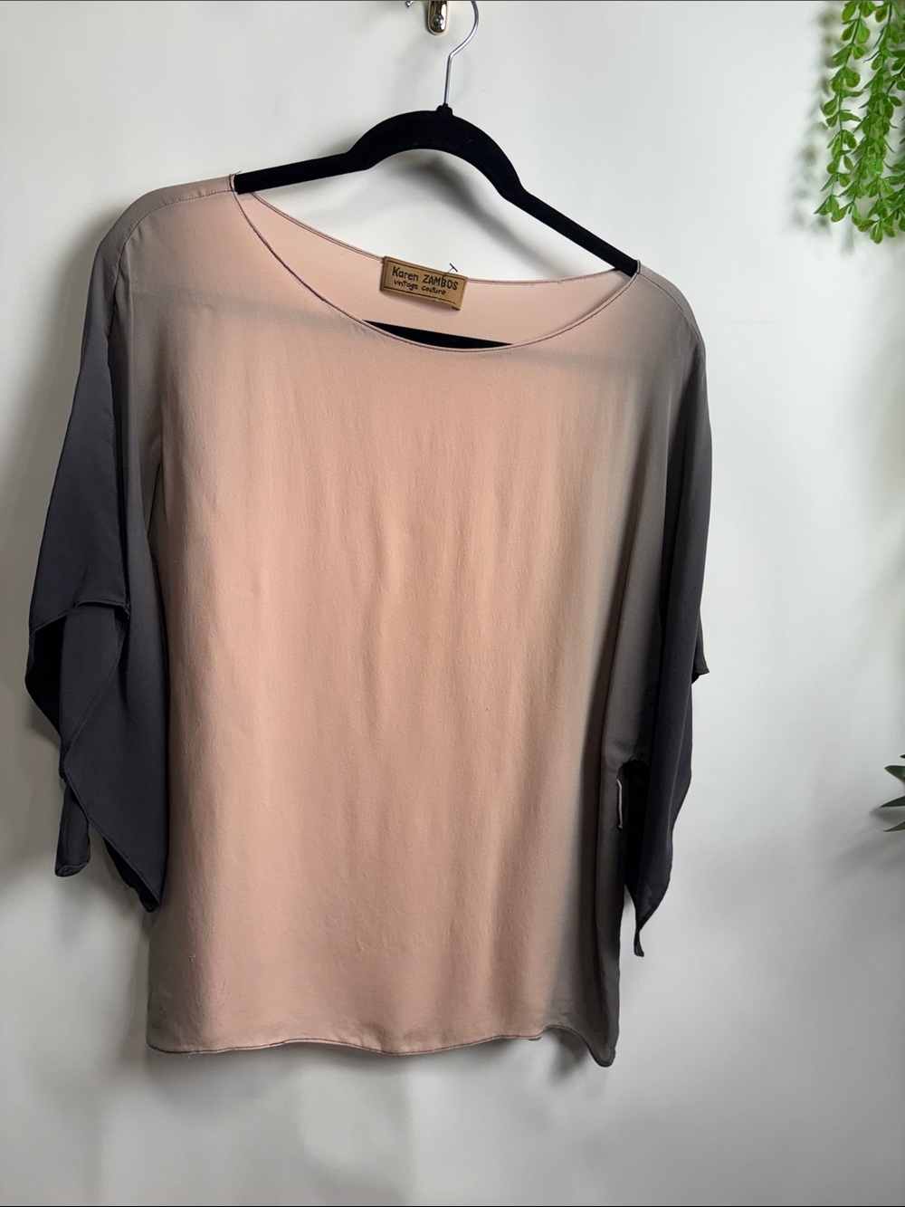 Karen Zambos Blush Pink Front with Gray Sleeves Draped Blouse - SILK